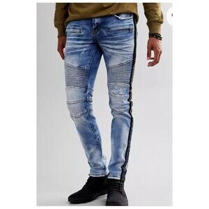 Preme‎ Biker Jeans Mens 38x34 Light Blue Rhinestone Side Stripe Moto